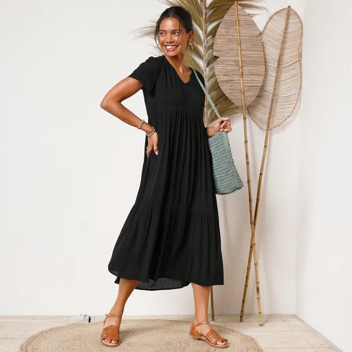 Rochie midi monocromă Crepon cu decolteu în V