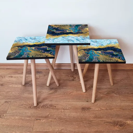 Set masute 3 piese, Hanah Home, 3Shp90, Bleumarin / Albastru / Auriu / Alb