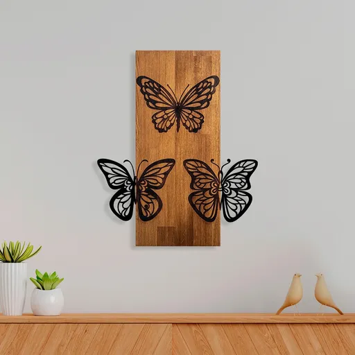 Decoratiune de perete, Butterflies 1, Dimensiune: 47 x 58 cm, Nuc / Negru