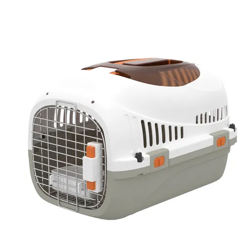 PawHut Cușcă de transport pentru pisici și câini, cu ușă din oțel, bol pentru hrană, 49 x 32 x 31 cm, gri și crem | Aosom Romania