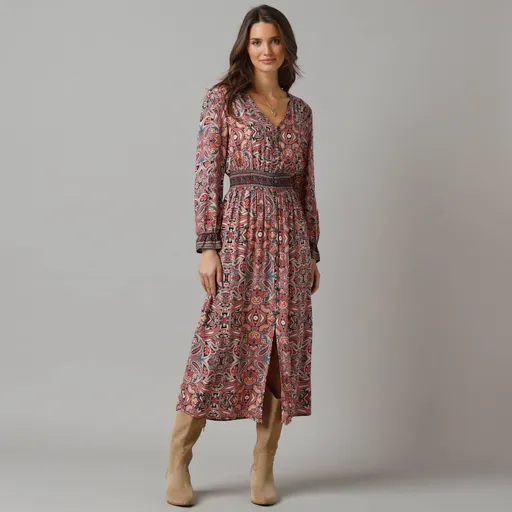 Rochie lungă cu imprimeu și nasturi