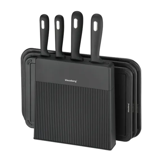 Klausberg KB 7980 set cuțit și placă de tăiat, 8 piese, Oțel inoxidabil, Suport, Negru/inox