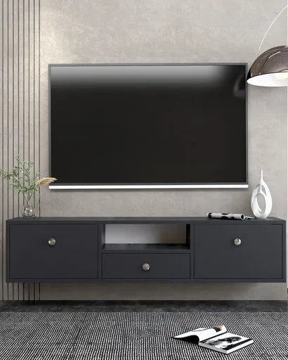 Comoda TV, Hanah Home, 1301-DROP-1, 140x30x30 cm, PAL , Antracit / Argintiu