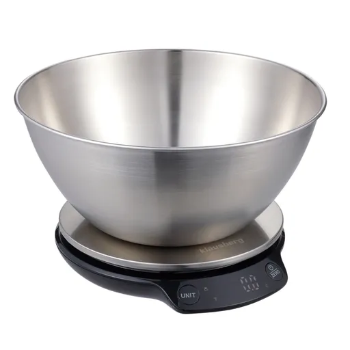 Cantar de bucatarie cu bol Klausberg KB 7939, 5 Kg, Bluetooth, Aplicatie mobila, LED, Tare, Lichide, 4 valori nutritive, Inox