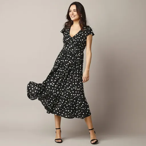 Rochie lungă din crep cu imprimeu cu buline