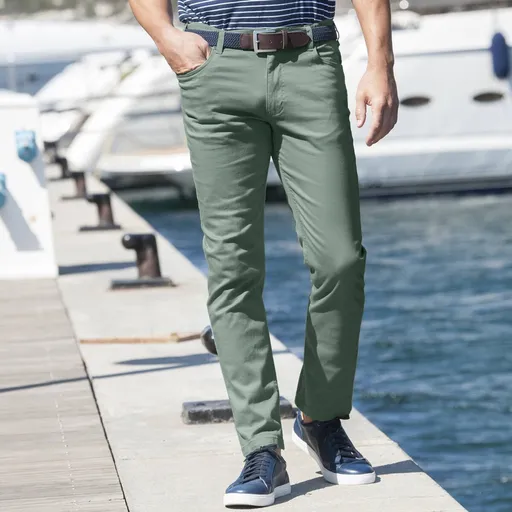 Pantaloni drepți cu 5 buzunare și talie elastică pe laterale, pentru o siluetă mai scundă