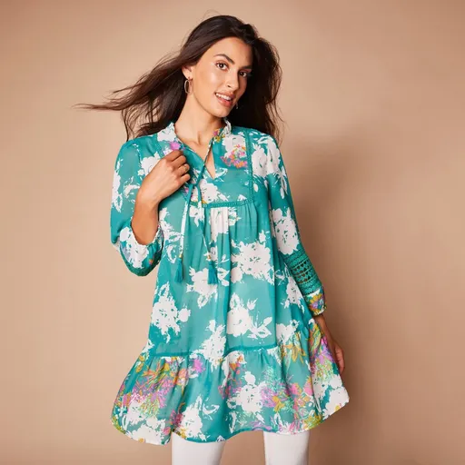 Tunică cu mâneci 7/8, volan și imprimeu