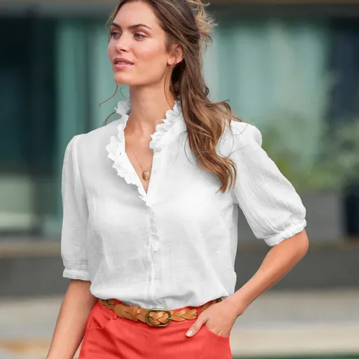 Bluză cu nasturi în culori solide, din tifon de bumbac