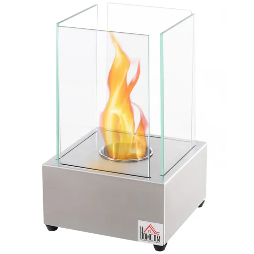 HOMCOM Șemineu de Masă cu Bioetanol de 0.4L, Sobă din Oțel și Sticlă pentru Spații Înterioare și Exterioare, 20x20x33 cm, Argintiu | Aosom Romania