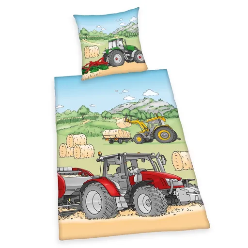 Lenjerie de pat din flanelă pentru copii Herding Tractor, 135 x 200 cm, 80 x 80 cm