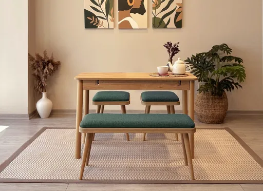 Set masa extensibila si scaune, Hanah Home, Vina Mini 04 1070, Stejar / Verde