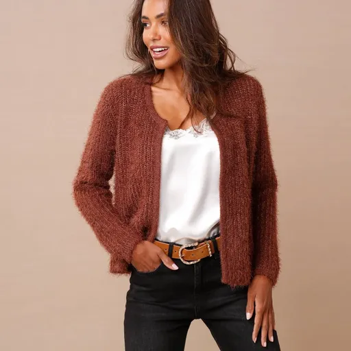 Cardigan scurt tricotat cu fire pufoase și metalice