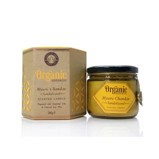 Lumânare organică Mysore Chandan - Lemn de santal200 g în pahar de sticlă chihlimbar, galben