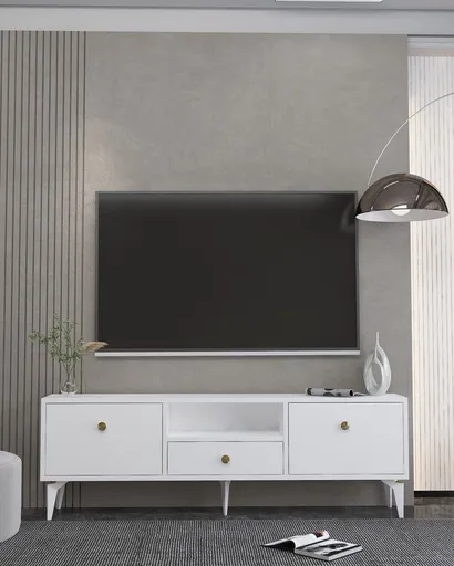 Comoda TV, Hanah Home, 1300-DROP-1, 140x49x30 cm, PAL , Alb/Auriu