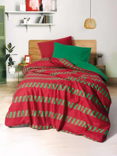 Lenjerie de pat pentru o persoana, L'essentiel Maison, Holly, Bumbac Ranforce, Verde/Roșu
