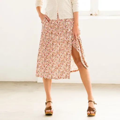 Fustă cu croială laterală cu nasturi și imprimeu