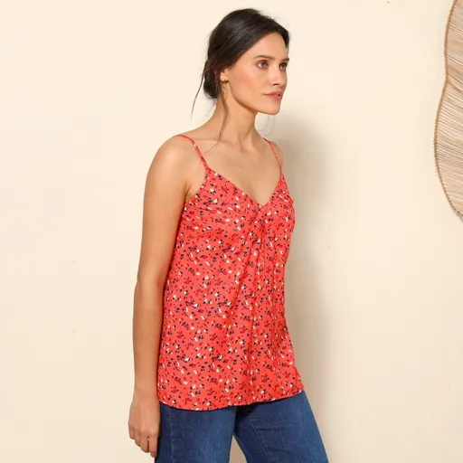 Top cu decolteu în V cu bretele înguste, imprimeu frunze