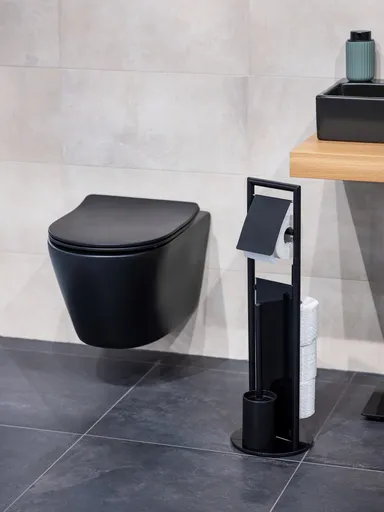 Suport pentru hartie igienica si perie toaleta Ravina, Wenko, 20x70 cm, inox/sticla temperata, negru