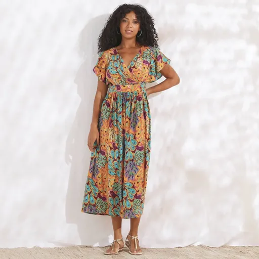 Rochie midi Crepon cu decolteu încrucișat și imprimeu