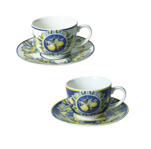 Set 2 cesti cu farfurie pentru cafea, Citrus Blue, Brandani, D12.5x7 cm, portelan New Bone China
