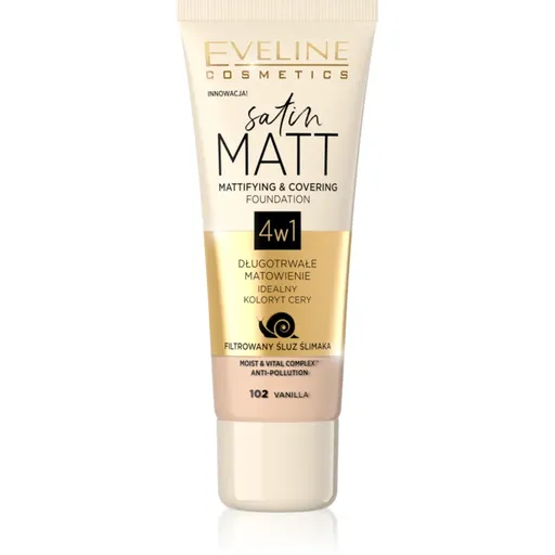 Eveline Cosmetics Satin Matt machiaj cu efect matifiant extract de melc culoare 102 Vanilla 30 ml