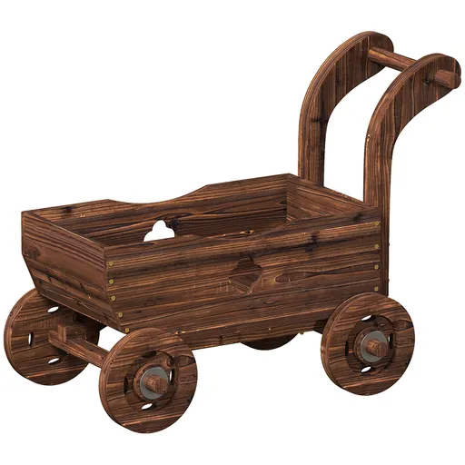 Outsunny Strat Înălțat pentru Grădină în Formă de Cărucior cu 4 Roți și Mâner, Ghiveci din Lemn de Molid cu Găuri de Drenaj, pentru Balcon, Terasă, 68