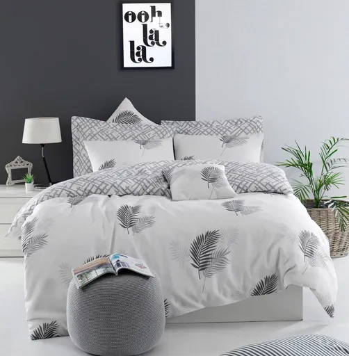 Lenjerie de pat dubla 3 piese, L'essentiel Maison, Palma, 65% bumbac/35% poliester, Gri/Alb