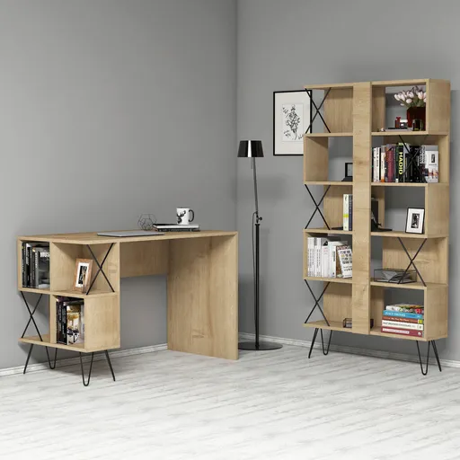 Set birou si biblioteca, Hanah Home, Extra, 120x78.8x60 cm, Stejar / Negru