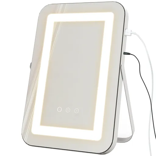HOMCOM Oglindă de Machiaj LED cu Lumini Reglabile pe 3 Culori, USB și Oglindă de Mărire Rotativă, 31x41,5x3 cm, Alb | Aosom Romania