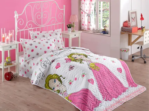 Set cuvertura matlasata Single 160x220 cm, 2 piese, L'essentiel Maison, Beatiful Girl, 65% bumbac/35% poliester , White / Pink / Yellow / Fuchsia / Gr