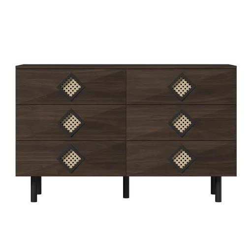 Masă de machiaj cu 6 sertare, mânere din ratan, spațiu mare de depozitare, pentru dormitor și living, 120x40x74,5 cm, Culoare naturală