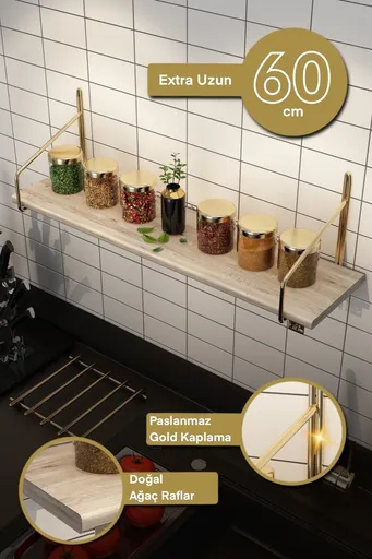 Raft de perete, Hanah Home, Duvar Rafı 60 cm Extra, 15x15x60 cm, Auriu/Maro