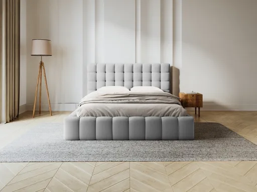 Pat tapitat cu somiera rabatabila si lada depozitare, 180x200 cm, Micadoni Home, Mamaia-170, tesatura structurata, gri deschis