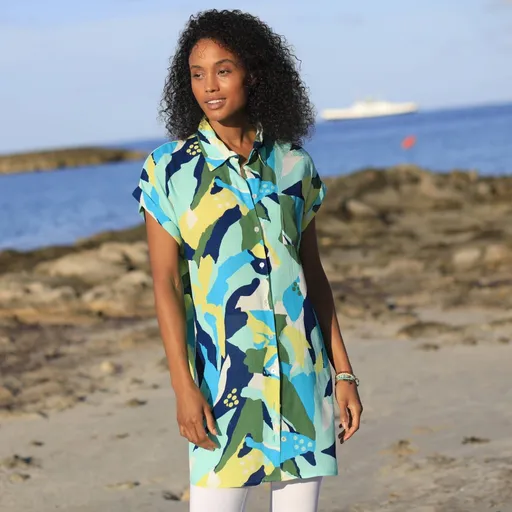 Rochie cămașă crepon de plajă cu imprimeu