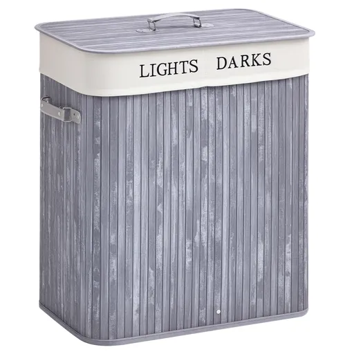 HOMCOM Coș de rufe din bambus cu capac 100 L Colector de rufe cu mânere din PU, sac de rufe din pânză de vela, Coșuri de rufe pentru bucătărie dormito