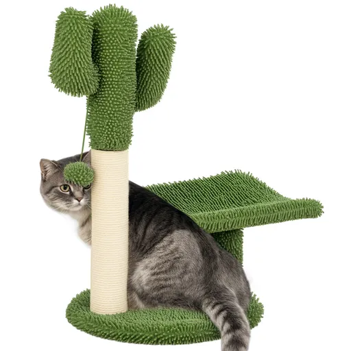 Copac de 55,5cm in Forma de Cactus pentru Pisici de Interior, Turn pentru Pisici cu Stalpi de Zgariat, Pat, Minge, Verde PawHut | Aosom Romania