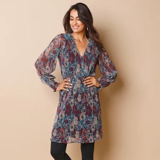 Tunică plisată din tricot lucios cu imprimeu