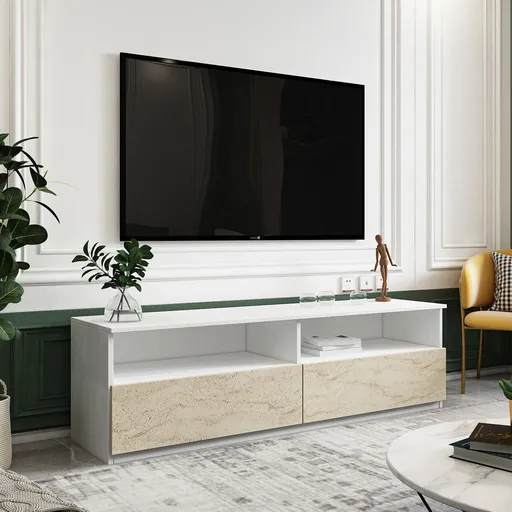 Comoda TV, Hanah Home, Centra, 144x49.8x45 cm, Alb / Travertin