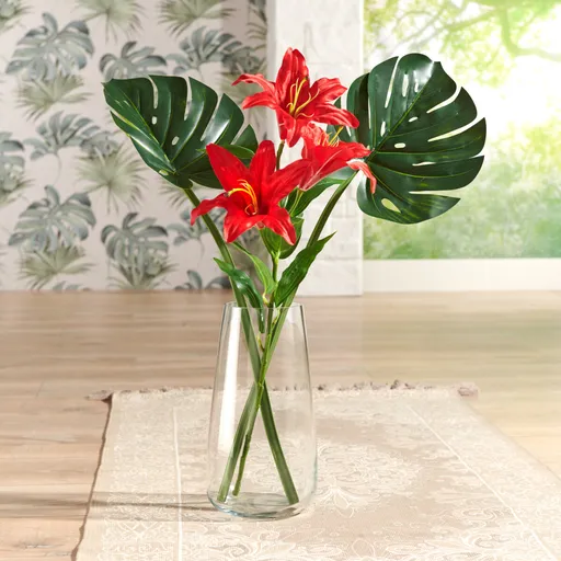 Ramură Crin roșu cu frunze de monstera