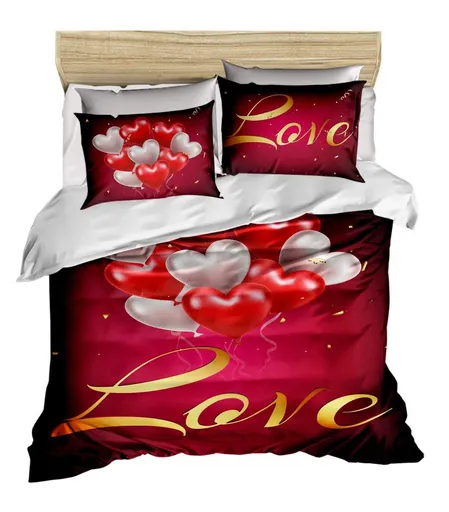 Lenjerie de pat dubla King (EU) (ES), 3 piese, L'essentiel Maison, 155, Roșu / Alb / Auriu