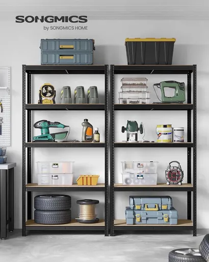 Set 2 rafturi modulare pentru depozitare, Songmics, max 600 kg, 100x50x200 cm, MDF/otel, negru