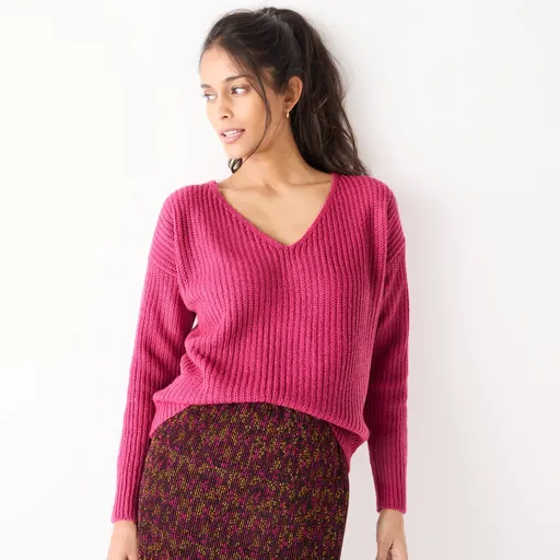 Pulover lejer cu model simplu și decolteu în V, aspect mohair la atingere