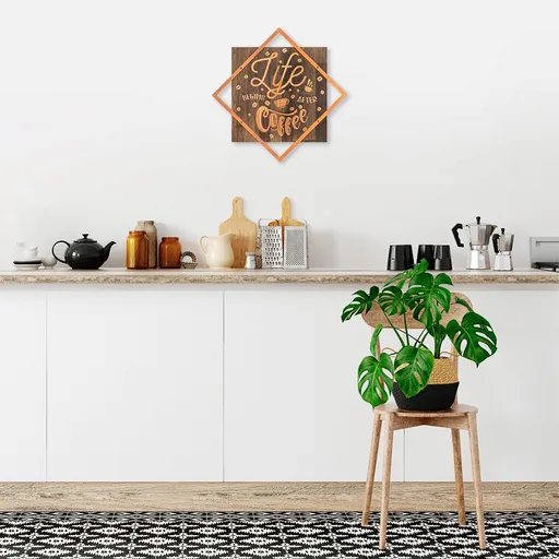 Decoratiune de perete, Life Begins After Coffee, Dimensiune: 54 x 54 cm, Nuc / Cupru