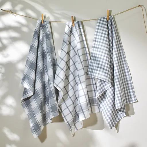 Set de 3 prosoape de bucătărie cu imprimeu în carouri, fibre vopsite, gri