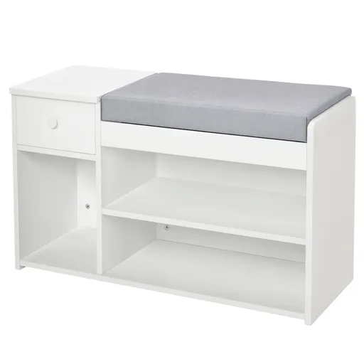 Banca pantofar cu perna, sertar si 3 compartimente deschise, mobilier din lemn pentru hol 81x31.5x49cm, alb | Aosom Romania