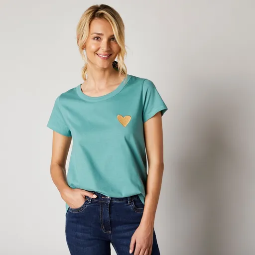 Tricou cu broderie cu inimă, culoare solidă