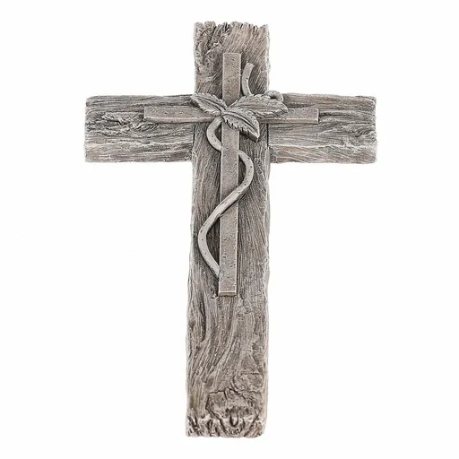 Decorație funerară Cruce cu frunze, imitație delemn, poliresină, 11 x 21 x 2 cm