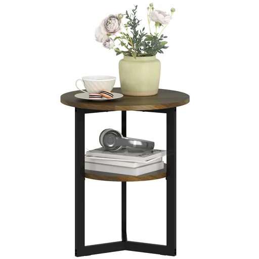 HOMCOM Masă de cafea rotundă, capăt de canapea industrial cu rafturi de depozitare și cadru din oțel, Ø 40 x 48 cm, maro | Aosom Romania