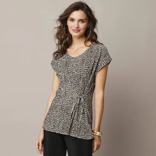 Cămașă tip tunică imprimată, tricot strălucitor plisat