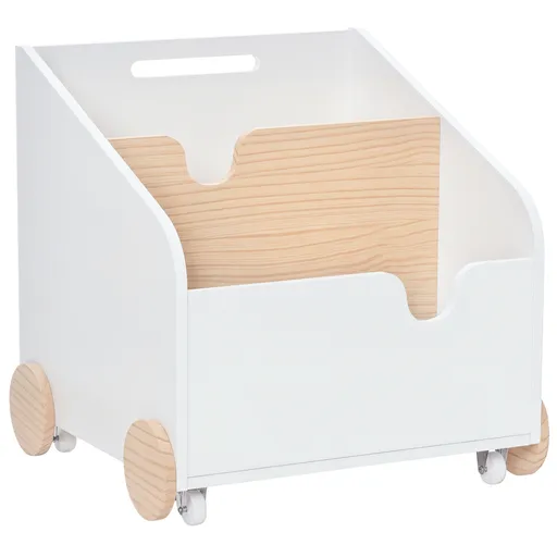 HOMCOM Cutie de Depozitare din Lemn pentru Jucării 2 Secțiuni cu Roți și Mâner Cărucior Copii Librărie cu Roți pentru Cameră Copii 40x43x43 cm Alb și
